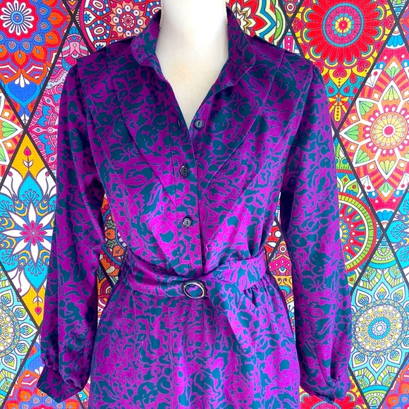 Vintage 1970s Purple & Green Patterned Long Sleeved Dress Sz 10 - Picture 4 of 11